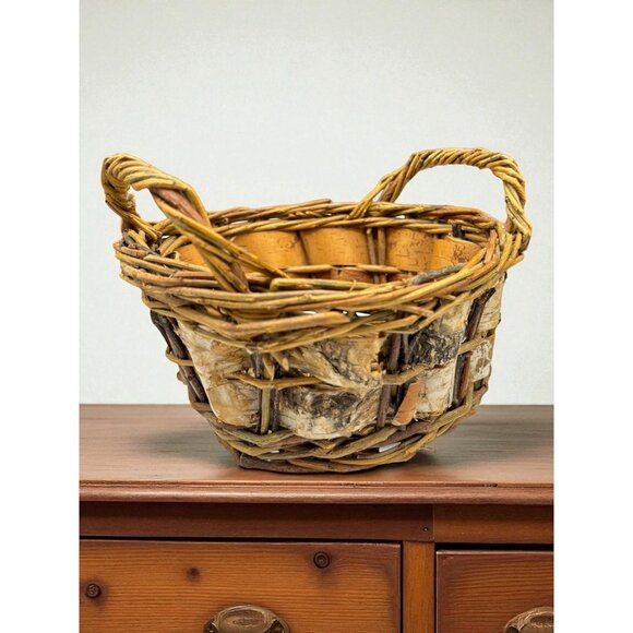 Vintage Birch Bark Double Handle Woven Basket 8"x6" - Picture 2 of 6